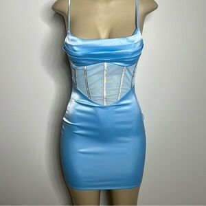 Fashion Nova Sky Blue Satin Mini Dress size small NWT